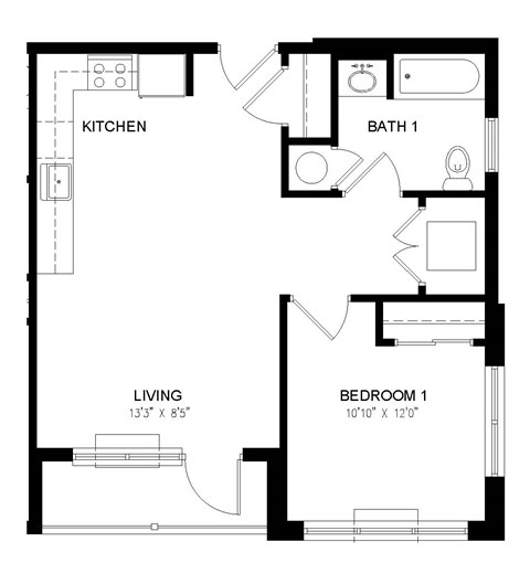 A floor plan of a one bedroom apartment.